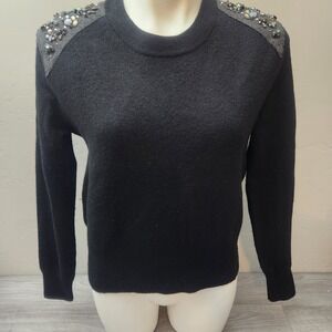 J. Crew Black Sweater Size S Merino Full Zip Back Embellish Shoulder Detail Crew